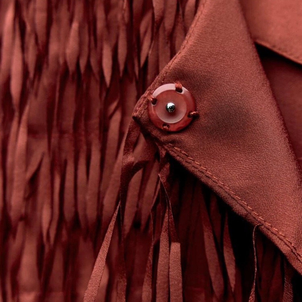 Zara Rust Red Textured Fringe Long Cape Coat - Picture 5 of 9